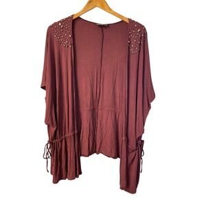 POL Womens Burgundy Studded Embellished Open Front Drawstring Cardigan Small